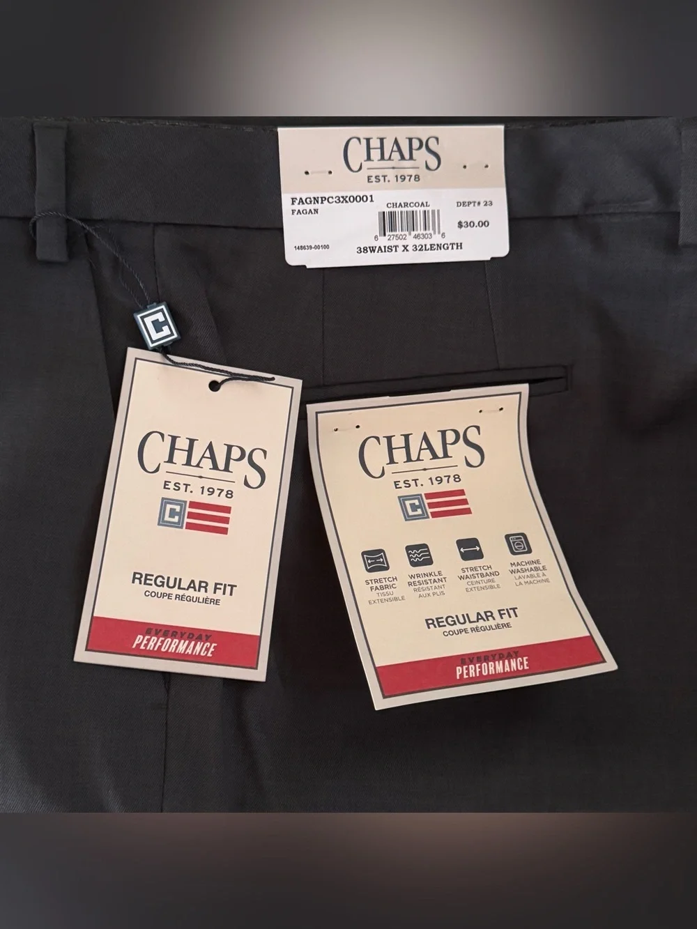 Chaps Mens Dress Pants 38x32 Charcoal Regular Fit Flat Front Stretch Waist